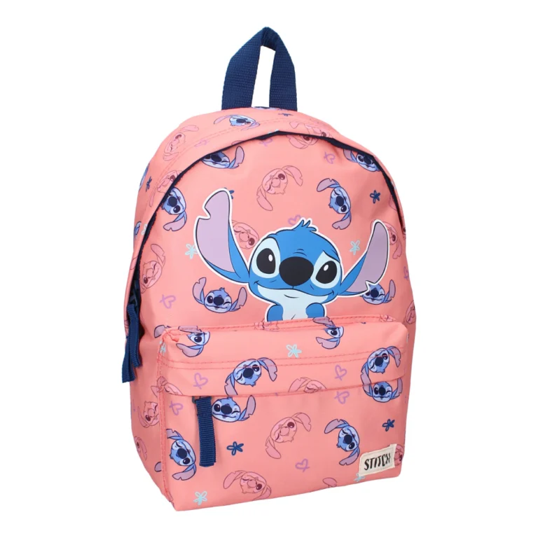 Παιδικό σακίδιο πλάτης Disney Stitch Made For Fun σε χρώμα ροδακινί με χαρούμενο πρόσωπο του Stitch.