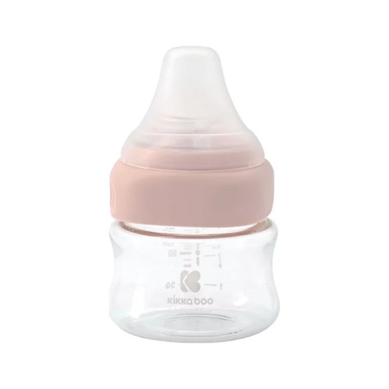 Γυάλινο μπιμπερό 100ml Kikka Boo Pink με ασύμμετρη θηλή σιλικόνης αντικολική.