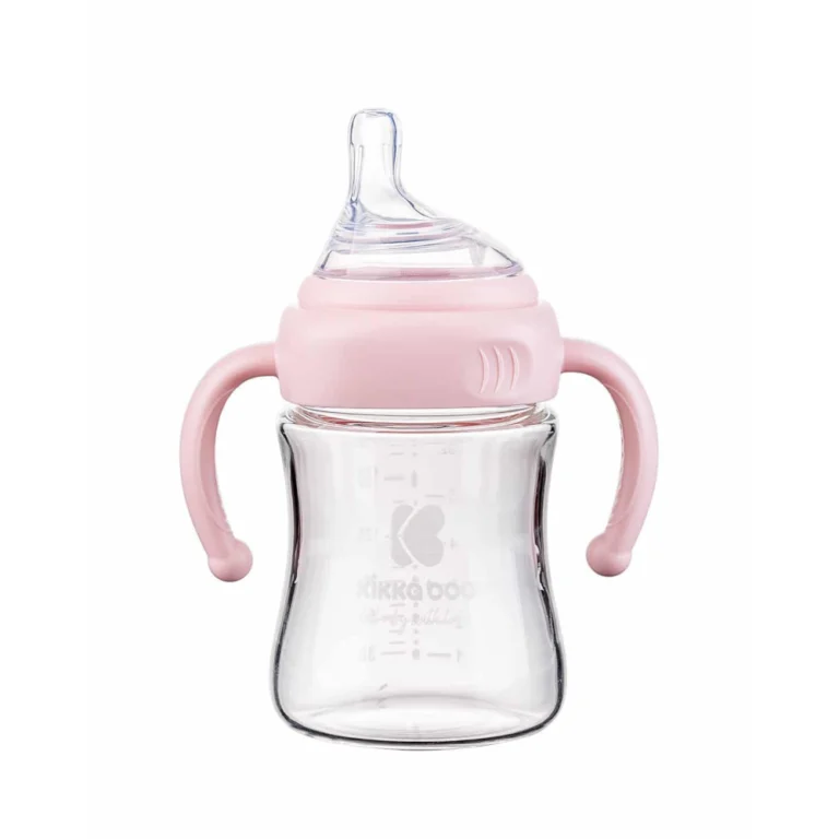 Γυάλινο μπιμπερό με λαβές Kikka Boo 180ml ροζ.