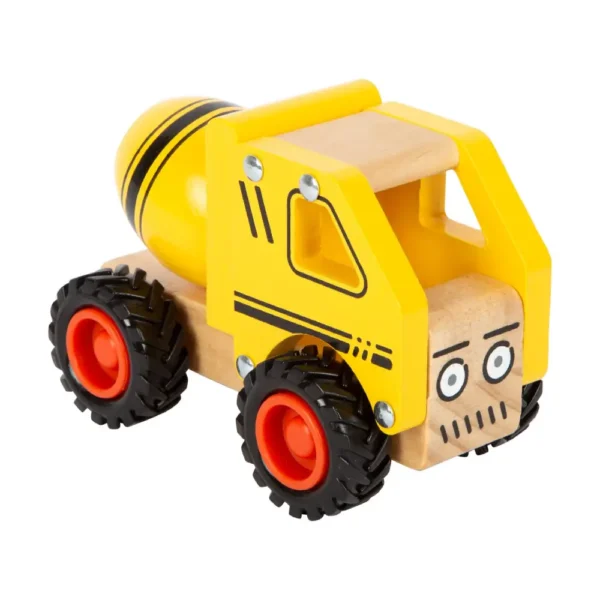 Ξύλινη μπετονιέρα Small Foot με πιστοποίηση FSC® και λαστιχένιους τροχούς, ιδανική για παιδικό παιχνίδι.