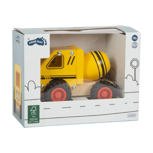 Ξύλινη μπετονιέρα Small Foot με πιστοποίηση FSC® και λαστιχένιους τροχούς, ιδανική για παιδικό παιχνίδι.