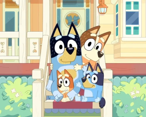 Η Bluey και η οικογένειά της παίζουν μαζί, εικονογράφηση από τη δημοφιλή παιδική σειρά.