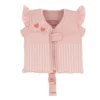 Pink children's life jacket with strawberry and flower print, front zipper, and adjustable strap.