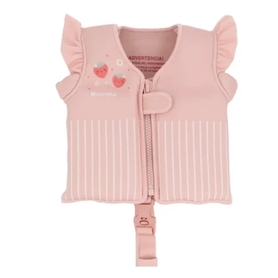 Pink children's life jacket with strawberry and flower print, front zipper, and adjustable strap.