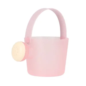 Pink glittery toy watering can with a curved handle and side perforated nozzle for sprinkling water (kids' play accessory).