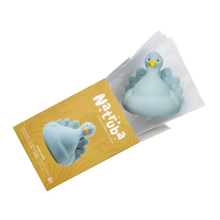 Blue bird-shaped toy shown partially outside a bright yellow product box/packaging with branding text visible on the box