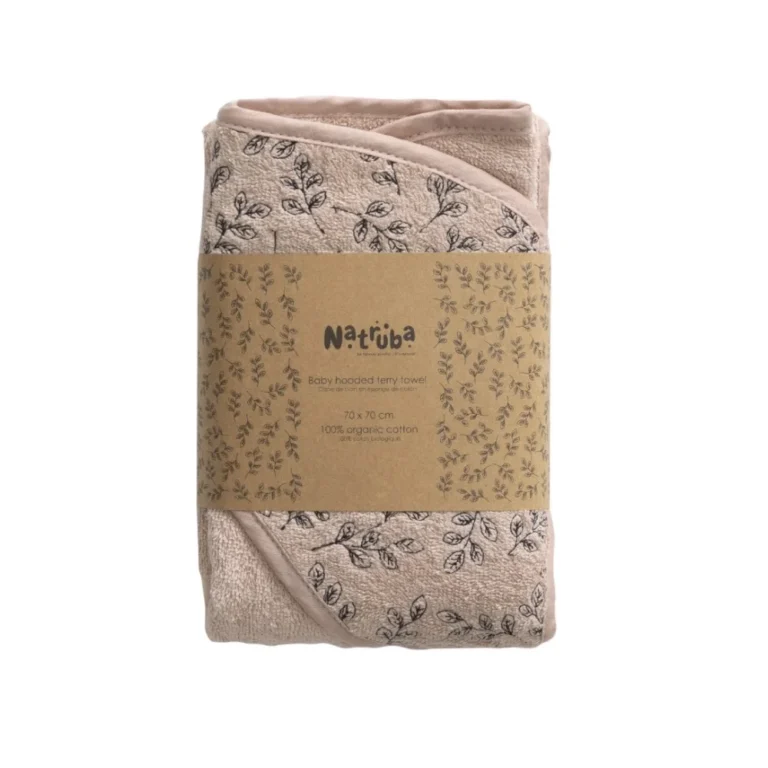 Beige baby hooded terry towel with a black leaf pattern, folded and wrapped with a brown paper label band.