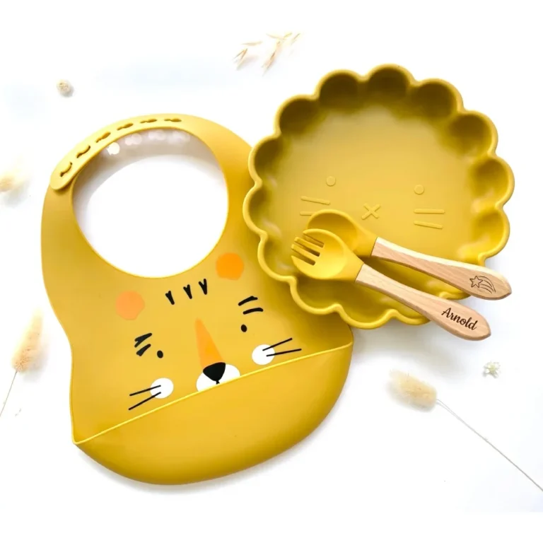 Les Petits Citrons Βρεφικό Σετ Γεύματος Lion | Σετ Σιλικόνης με Πιάτο, Κουτάλι, Πιρούνι & Σαλιάρα