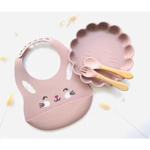 Les Petits Citrons Βρεφικό Σετ Γεύματος Bunny – Ροζ Πιάτο, Μαχαιροπίρουνα & Σαλιάρα