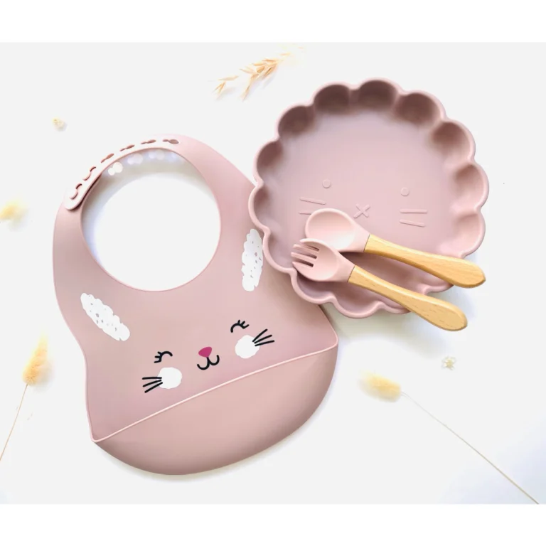 Les Petits Citrons Βρεφικό Σετ Γεύματος Bunny | Ροζ Σετ Σιλικόνης με Πιάτο, Κουτάλι, Πιρούνι & Σαλιάρα