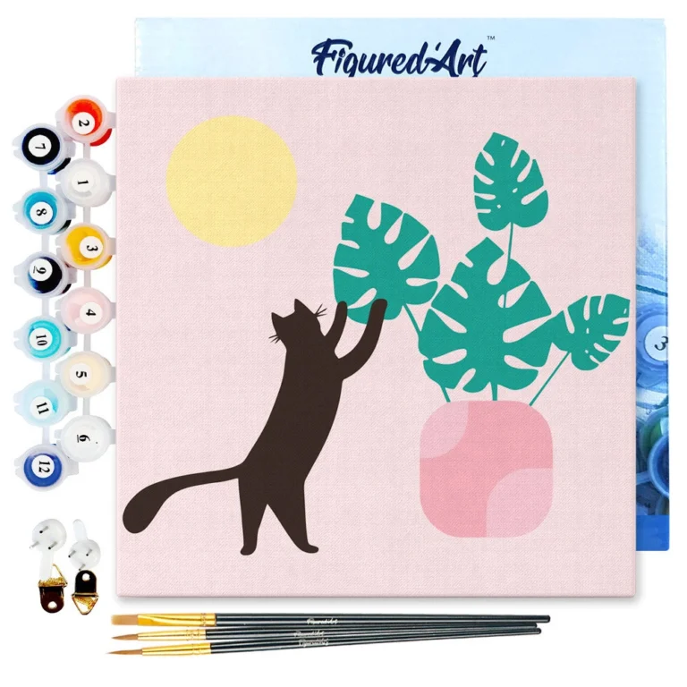Figured’Art Cat Plays with Monstera painting by numbers 20x20