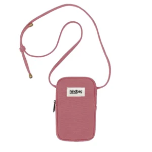 Pink mini crossbody bag with long adjustable strap, front zip pocket, and a white 'hindbag' label on the front.