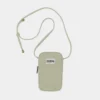 Beige small crossbody bag with a long adjustable strap, zipper on the side, and a front brand patch reading 'hindbag'.
