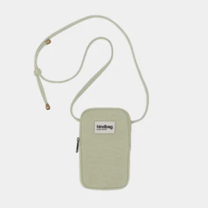 Beige small crossbody bag with a long adjustable strap, zipper on the side, and a front brand patch reading 'hindbag'.