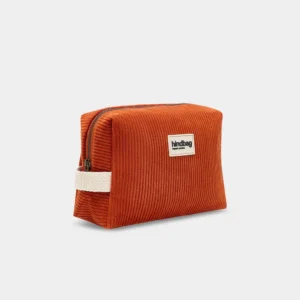 Orange corduroy pouch with a zipper and beige strap on the side, featuring a Mindbag logo on the front.