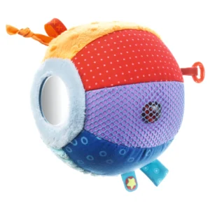 Colorful plush baby rattle toy, round with red, purple, and blue panels and a hollow opening for grabbing/peek-a-boo fun.