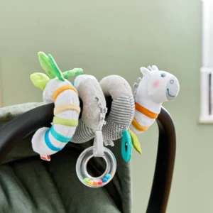 Colorful plush caterpillar toy attached to a stroller bar, with a bead-filled ring rattle.