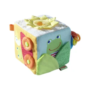 Colorful soft activity cube for babies with a frog face on one blue side, a yellow sun on top, and varied textures for sensory play.