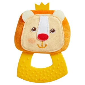 Soft lion-themed baby teether: plush face with orange body and a yellow textured silicone handle for chewing.