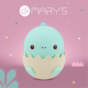 Cute pastel blue hatching chick toy split from a beige eggshell on a pink background, with the Mary’s logo visible at the top.