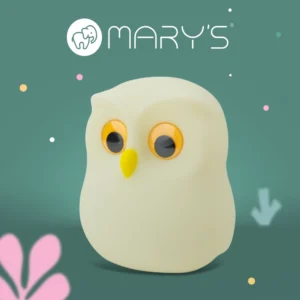 Pale yellow chick toy with large orange eyes on a teal background, Mary’s logo at top.