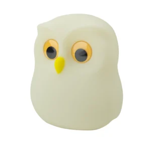 White owl toy figure with big yellow eyes and a yellow beak, simple rounded shape.