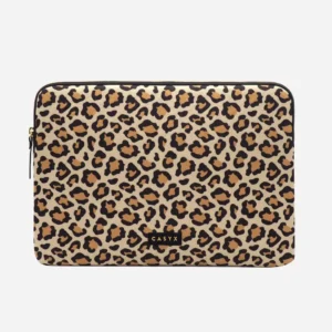 Leopard print zippered pouch with a beige background and black zipper, CASYX logo on the front.
