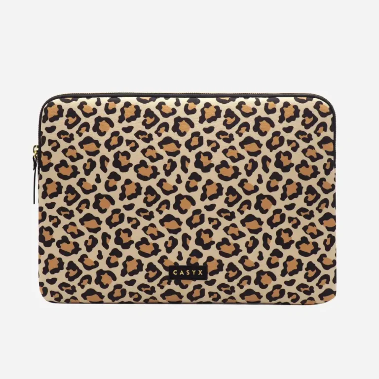 Leopard print zippered pouch with a beige background and black zipper, CASYX logo on the front.