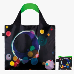 Black reusable tote bag featuring a vibrant abstract circle pattern and a green handle.