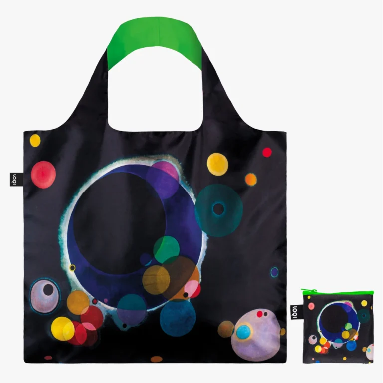 Black reusable tote bag featuring a vibrant abstract circle pattern and a green handle.